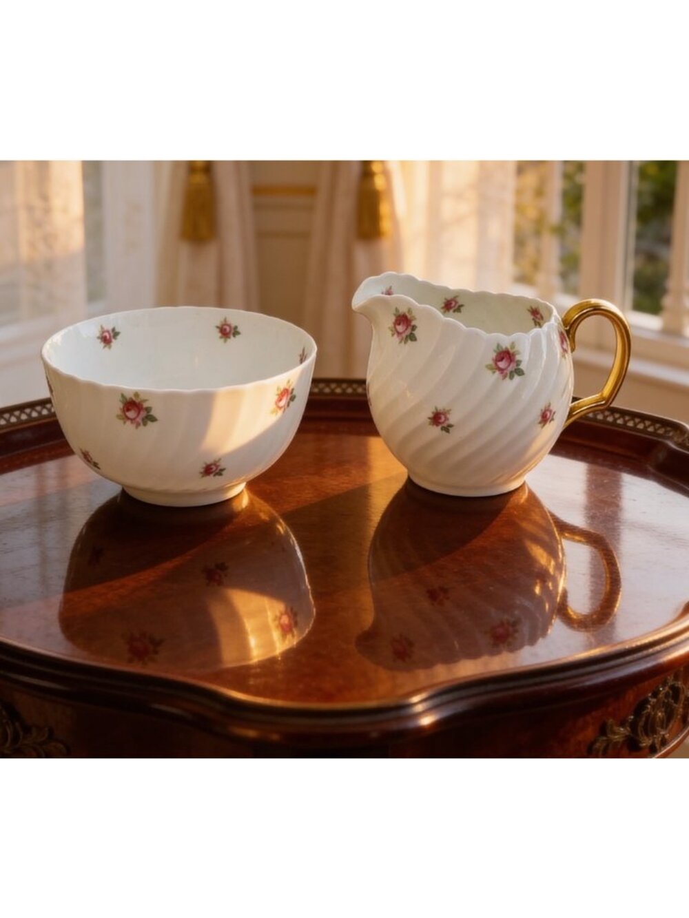 Vintage Adderley Bone China England  Creamer & Sugar Bowl Pink Roses Swirl Edge